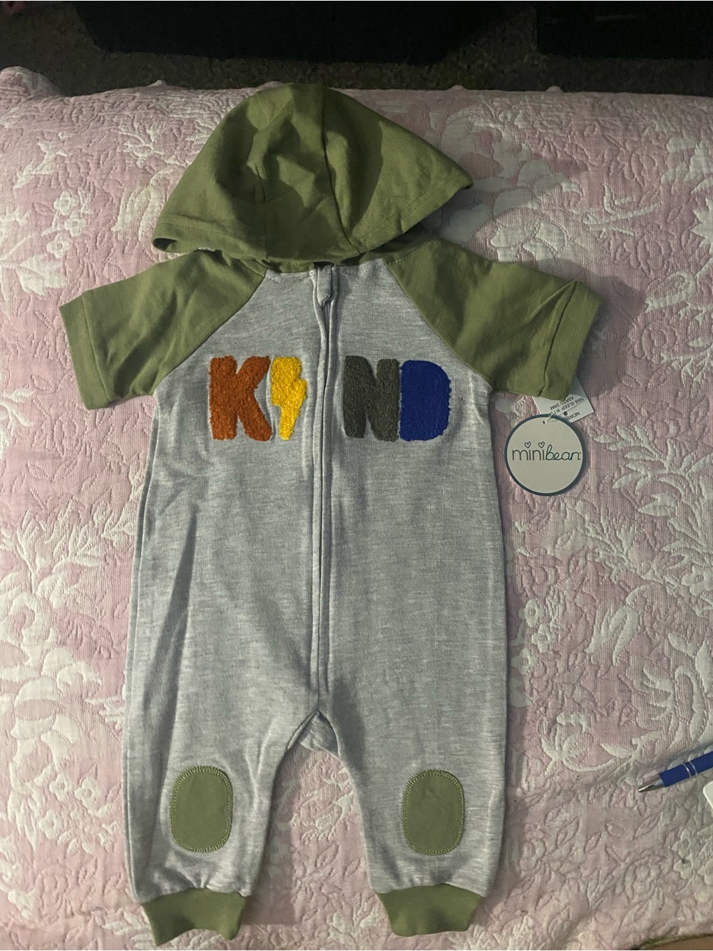 Olive & Gray 'KIND' Hooded Baby One-Piece